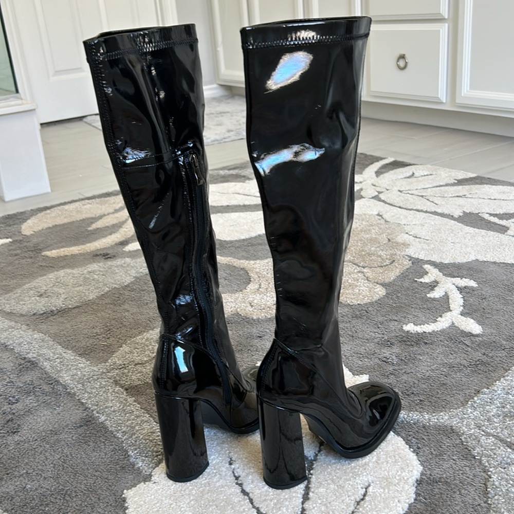Black Knee High Block Heel Sock Boot - Picture 10 of 15